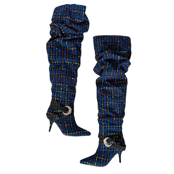 AZALEA WANG Taja Plaid Thigh High Boot With Buckle Detail In Blue 3'' Heel - Picture 8 of 13